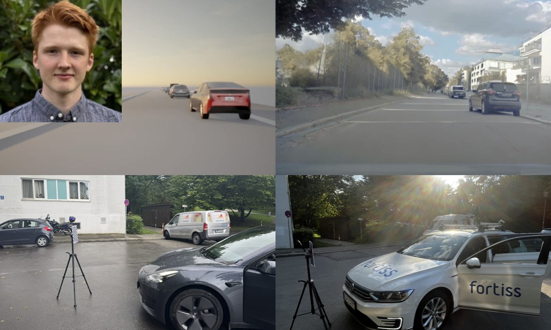 Constantin Carste, next to CARLA reconstructions and photos of the Tesla Model 3 and Fortuna used to record real driving data