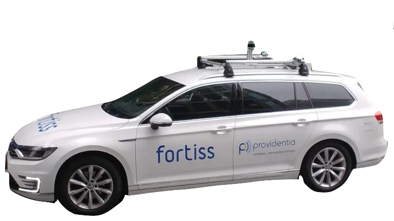 Fortuna, fortiss's modified Passat GTE, with its roof-mounted camera and LiDAR sensor rack