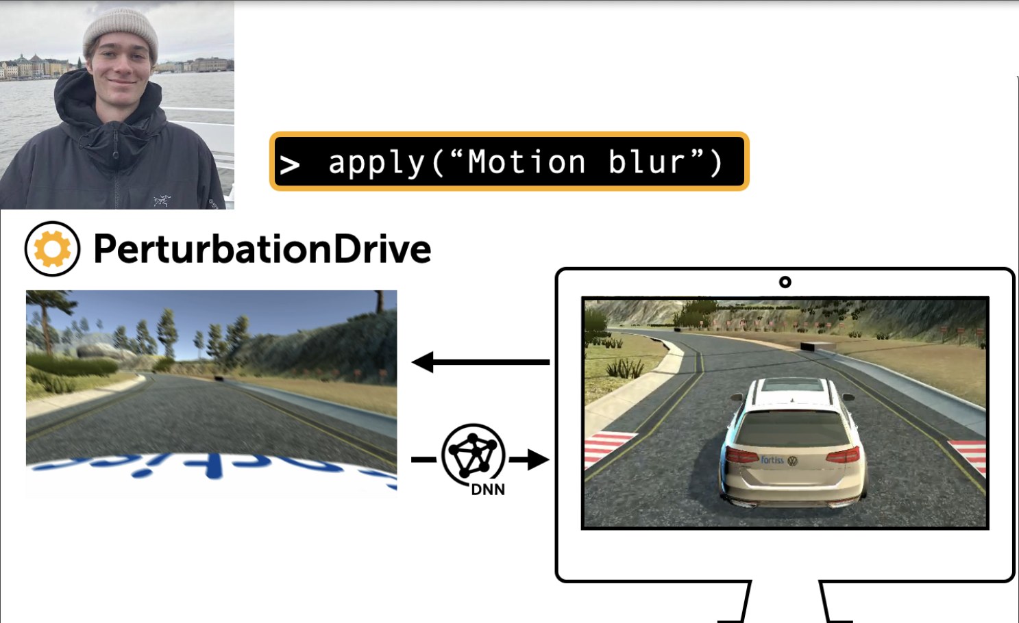 Hannes Leonhard, and a diagram of PerturbationDrive applying motion blur to a camera feed before it reaches the driving model